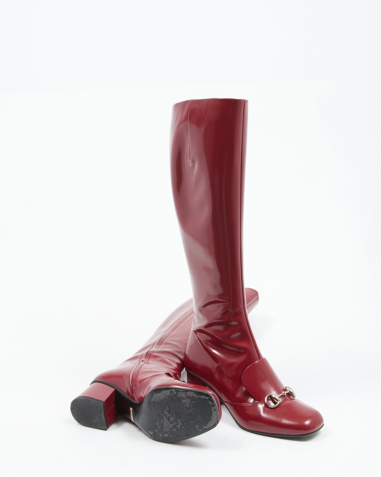 Gucci Wine Red Patent Leather Horsebit Accent Knee-High Boots - 36.5