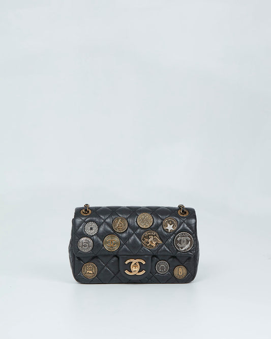 Chanel Black Aged Calfskin Coin Medallion Mini Flap Bag